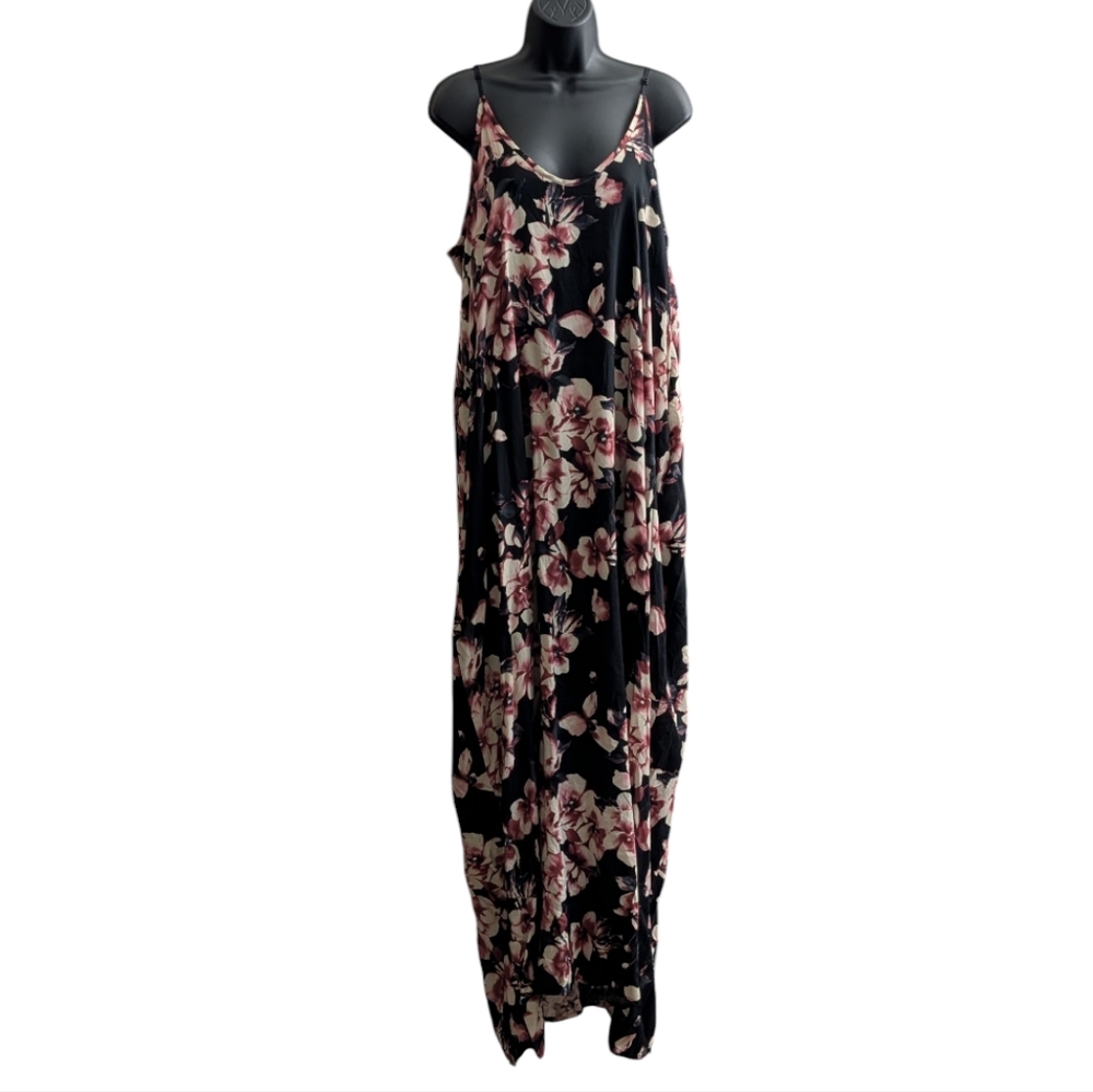 🆕 Women's SIZE Large Black With Floral Print V-neck Maxi Dress With Pockets